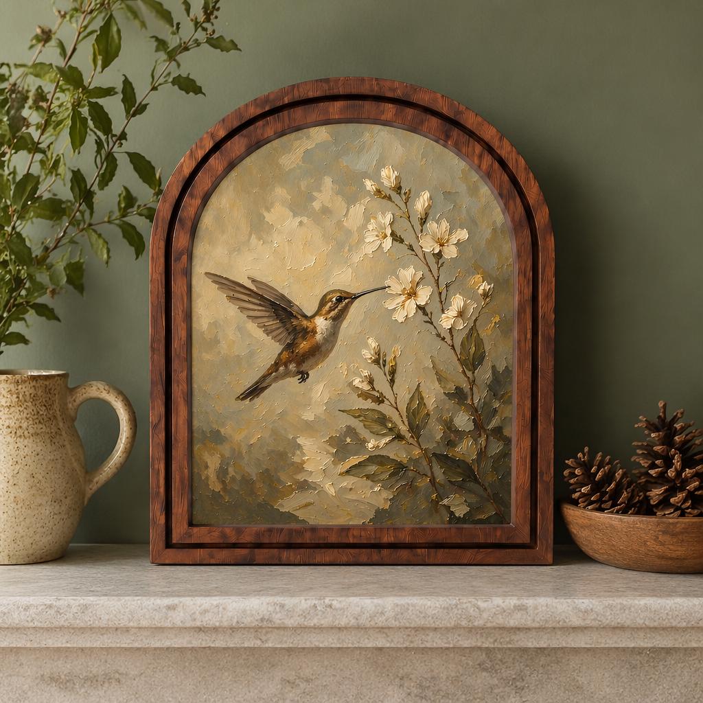 Hummingbird Blossom Wall Art, Delicate Bird and Floral Painting in Arched Wood Frame, Cottagecore Nature Decor, Elegant Botanical Home Gift - Image 1