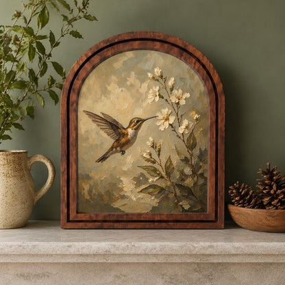 Hummingbird Blossom Wall Art, Delicate Bird and Floral Painting in Arched Wood Frame, Cottagecore Nature Decor, Elegant Botanical Home Gift - Image 1