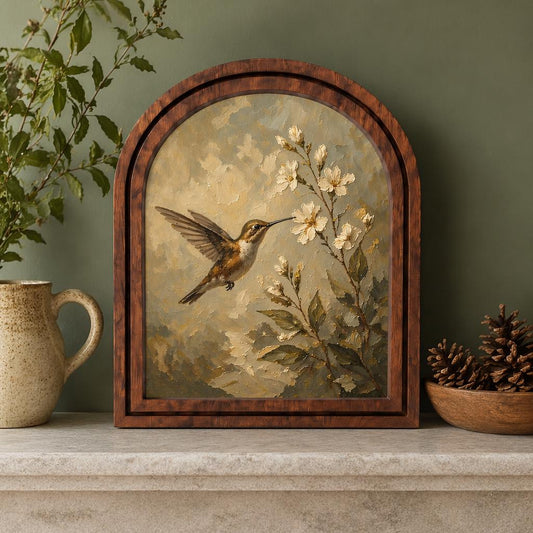 Hummingbird Blossom Wall Art, Delicate Bird and Floral Painting in Arched Wood Frame, Cottagecore Nature Decor, Elegant Botanical Home Gift - Image 2
