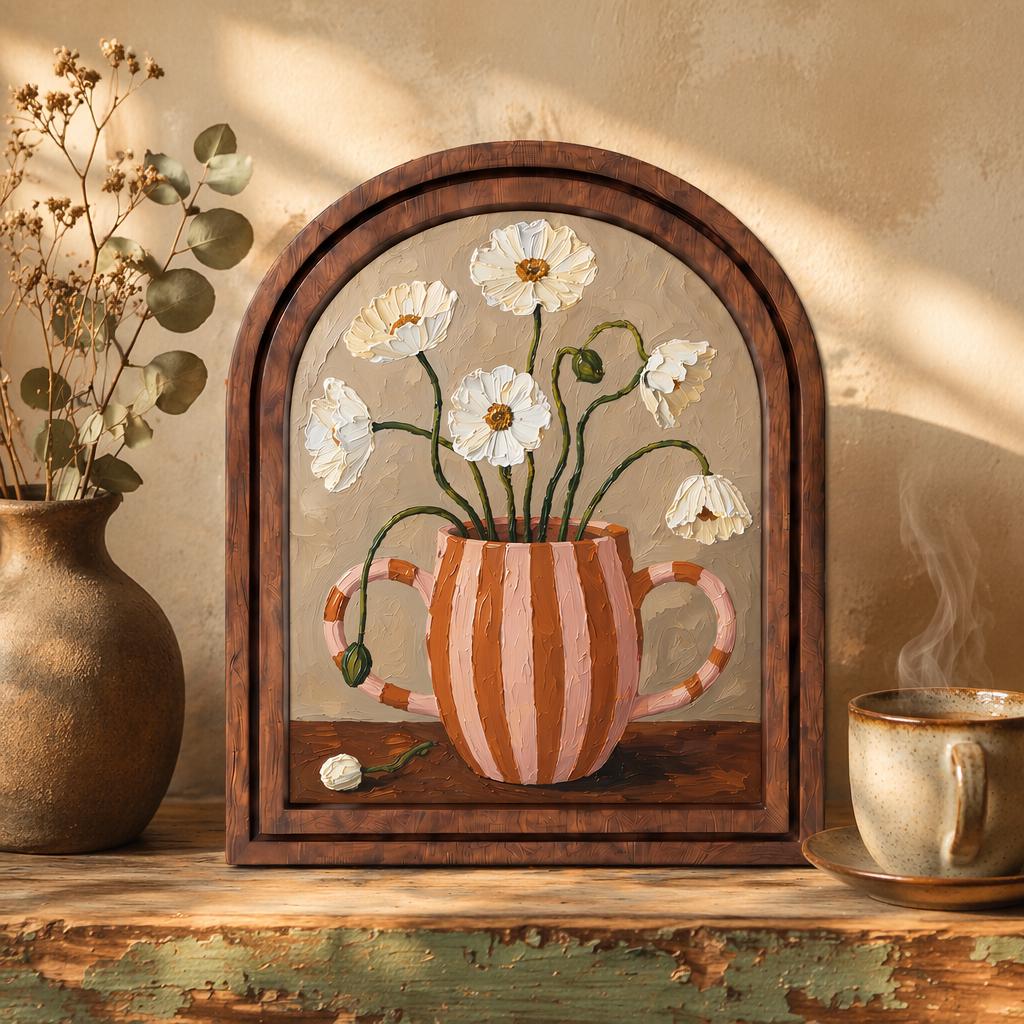 Vintage Daisy Vase Wall Art, Charming Floral Still Life Painting in Arched Wood Frame, Cottagecore Botanical Decor, Elegant Home Accent - Image 1