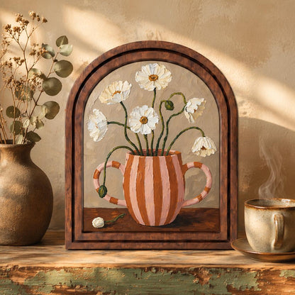 Vintage Daisy Vase Wall Art, Charming Floral Still Life Painting in Arched Wood Frame, Cottagecore Botanical Decor, Elegant Home Accent - Image 1