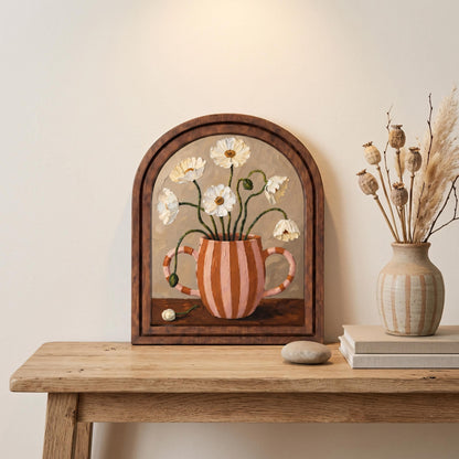 Vintage Daisy Vase Wall Art, Charming Floral Still Life Painting in Arched Wood Frame, Cottagecore Botanical Decor, Elegant Home Accent - Image 3
