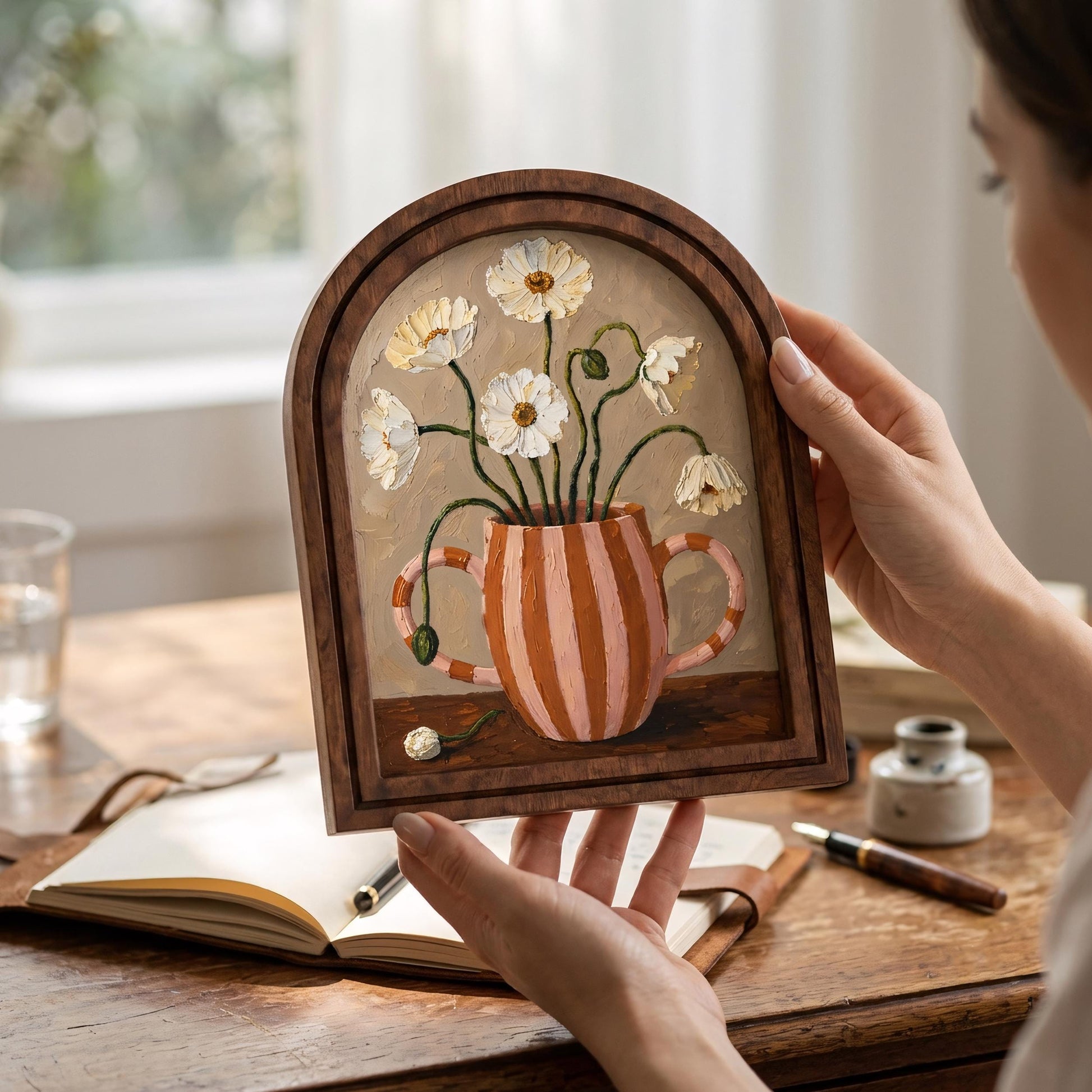 Vintage Daisy Vase Wall Art, Charming Floral Still Life Painting in Arched Wood Frame, Cottagecore Botanical Decor, Elegant Home Accent - Image 4