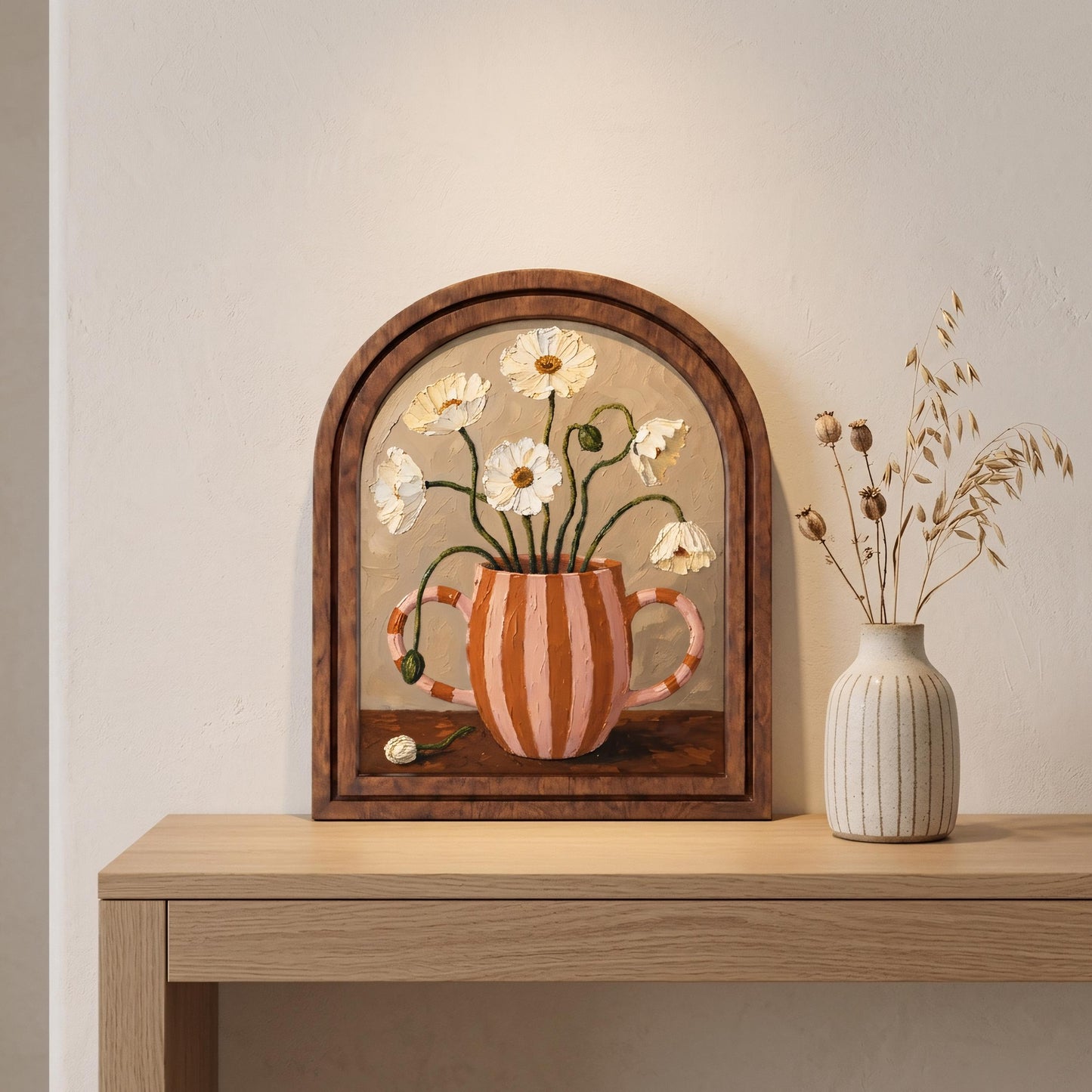 Vintage Daisy Vase Wall Art, Charming Floral Still Life Painting in Arched Wood Frame, Cottagecore Botanical Decor, Elegant Home Accent - Image 6