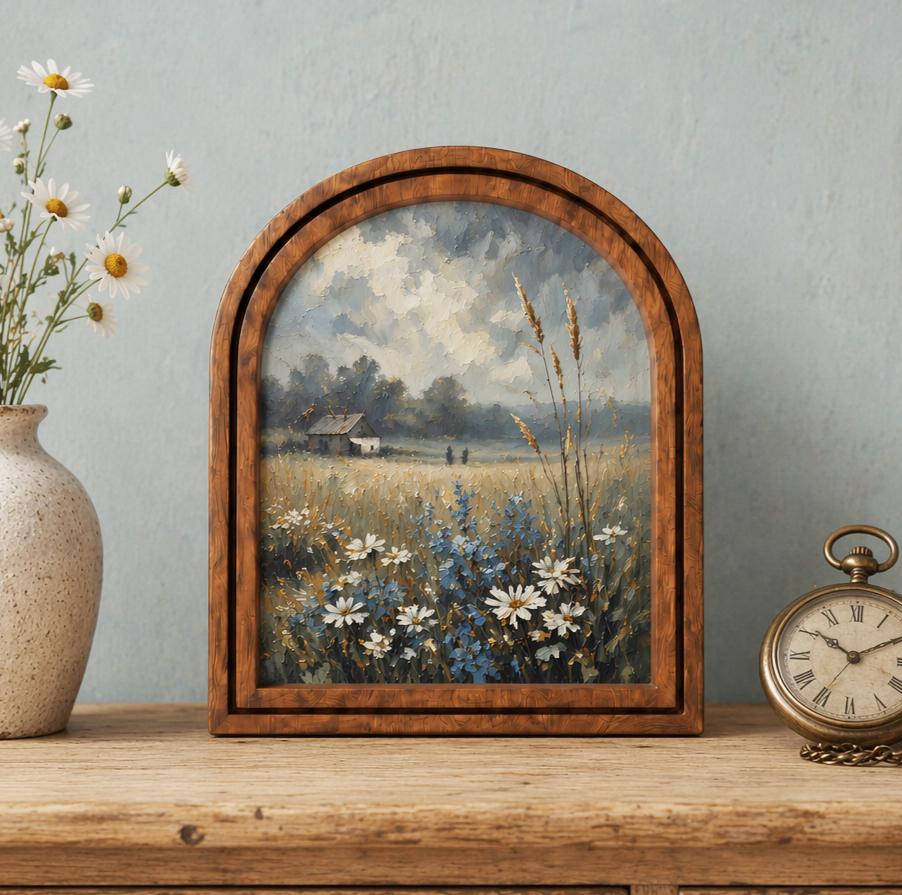 Serene Wildflower Meadow Wall Art, Rustic Countryside Landscape Painting in Arched Wood Frame, Country Home Decor, Nature Lover Gift - Image 2