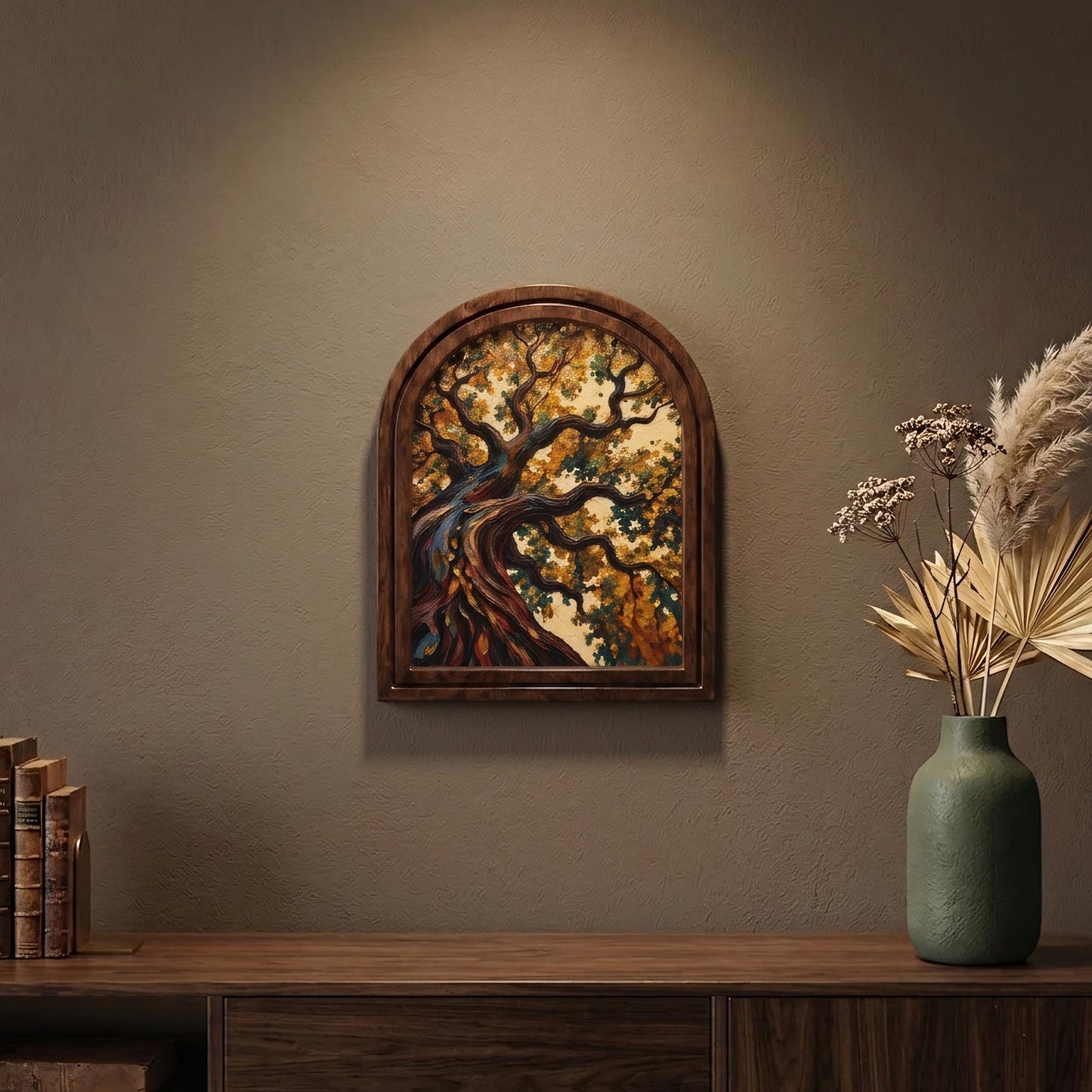 Enchanting Autumn Tree Wall Art, Textured Woodland Landscape Painting with Arched Wood Frame, Warm Earth Tone Decor, Nature Lover Gift - Image 6