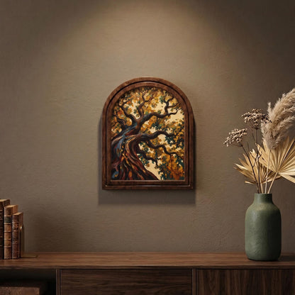 Enchanting Autumn Tree Wall Art, Textured Woodland Landscape Painting with Arched Wood Frame, Warm Earth Tone Decor, Nature Lover Gift - Image 6