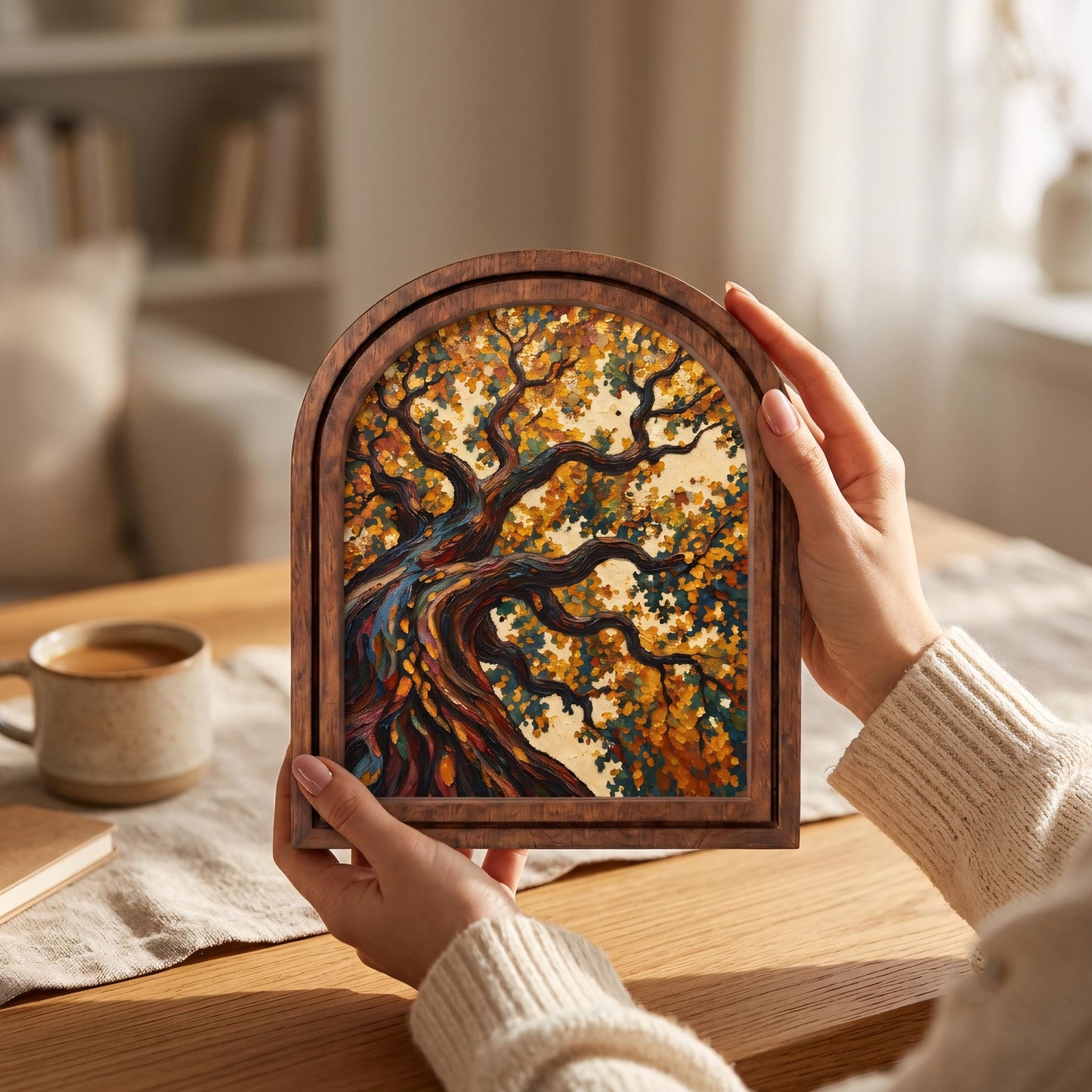 Enchanting Autumn Tree Wall Art, Textured Woodland Landscape Painting with Arched Wood Frame, Warm Earth Tone Decor, Nature Lover Gift - Image 3