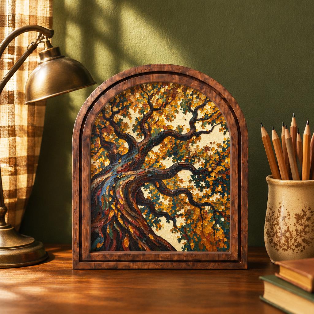 Enchanting Autumn Tree Wall Art, Textured Woodland Landscape Painting with Arched Wood Frame, Warm Earth Tone Decor, Nature Lover Gift - Image 1