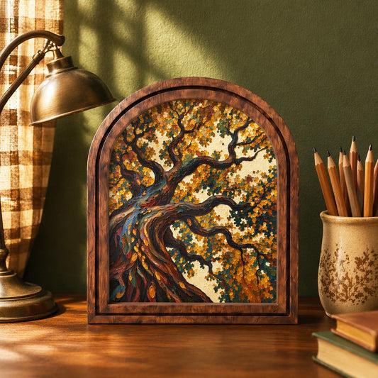 Enchanting Autumn Tree Wall Art, Textured Woodland Landscape Painting with Arched Wood Frame, Warm Earth Tone Decor, Nature Lover Gift - Image 1