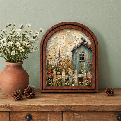 Charming Cottage Garden Wall Art, Rustic Blue Cottage and Wildflower Meadow, Arched Wood Frame, Farmhouse Floral Decor, Nature Lover Gift - Image 4