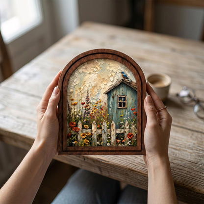 Charming Cottage Garden Wall Art, Rustic Blue Cottage and Wildflower Meadow, Arched Wood Frame, Farmhouse Floral Decor, Nature Lover Gift - Image 5