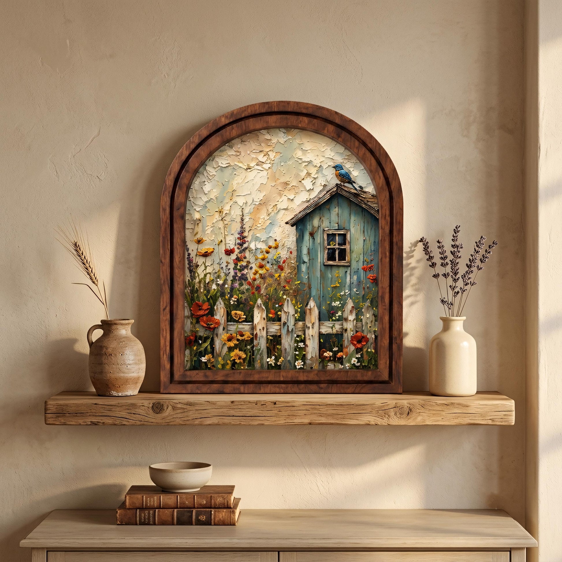 Charming Cottage Garden Wall Art, Rustic Blue Cottage and Wildflower Meadow, Arched Wood Frame, Farmhouse Floral Decor, Nature Lover Gift - Image 1