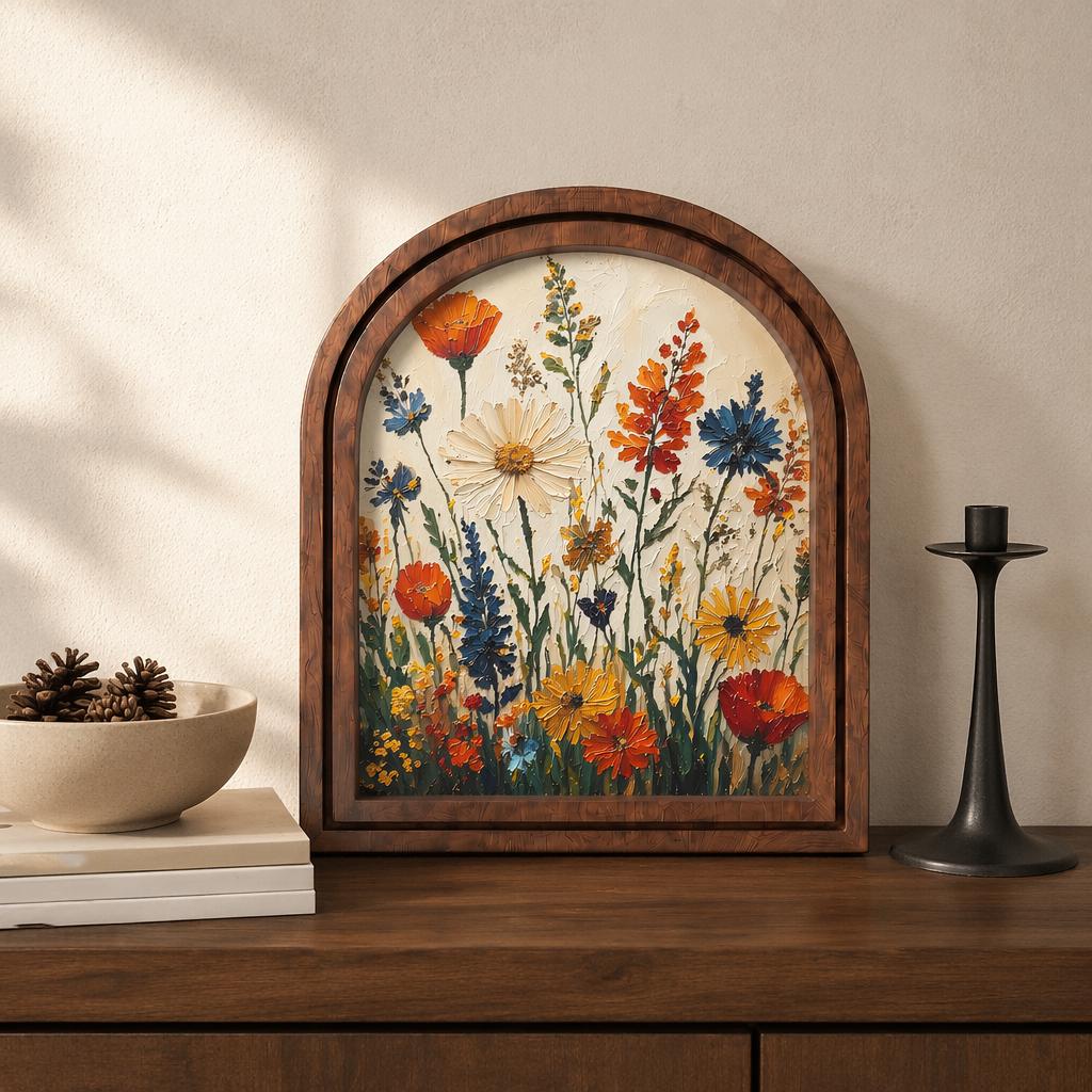Vibrant Wildflower Meadow Wall Art, Colorful Botanical Garden Painting in Arched Wood Frame, Cottagecore Floral Decor, Nature Lover Gift - Image 3