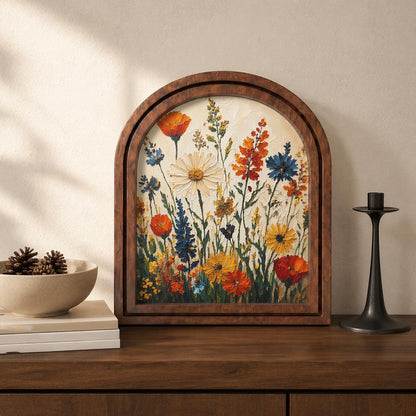 Vibrant Wildflower Meadow Wall Art, Colorful Botanical Garden Painting in Arched Wood Frame, Cottagecore Floral Decor, Nature Lover Gift - Image 3