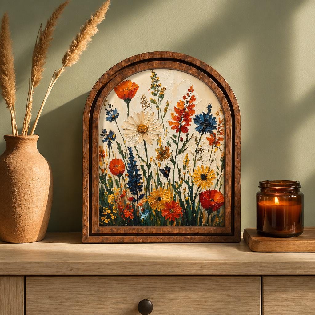 Vibrant Wildflower Meadow Wall Art, Colorful Botanical Garden Painting in Arched Wood Frame, Cottagecore Floral Decor, Nature Lover Gift - Image 1