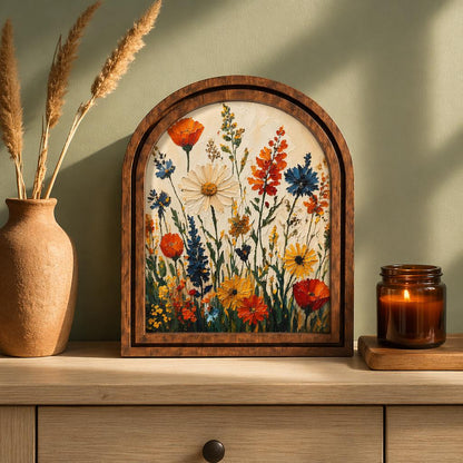 Vibrant Wildflower Meadow Wall Art, Colorful Botanical Garden Painting in Arched Wood Frame, Cottagecore Floral Decor, Nature Lover Gift - Image 2