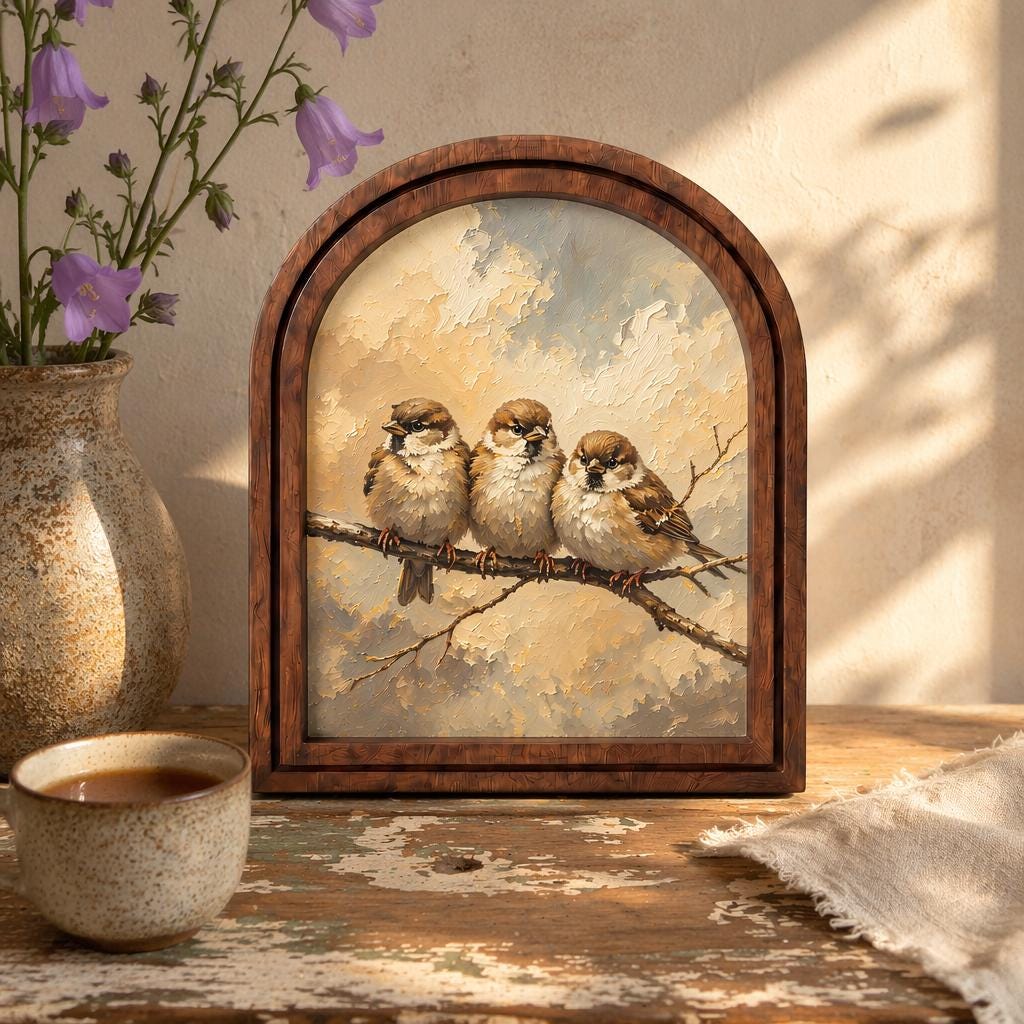 Charming Sparrow Family Wall Art, Adorable Bird Trio Painting in Arched Wood Frame, Rustic Cottage Decor, Nature Lover Gift - Image 3