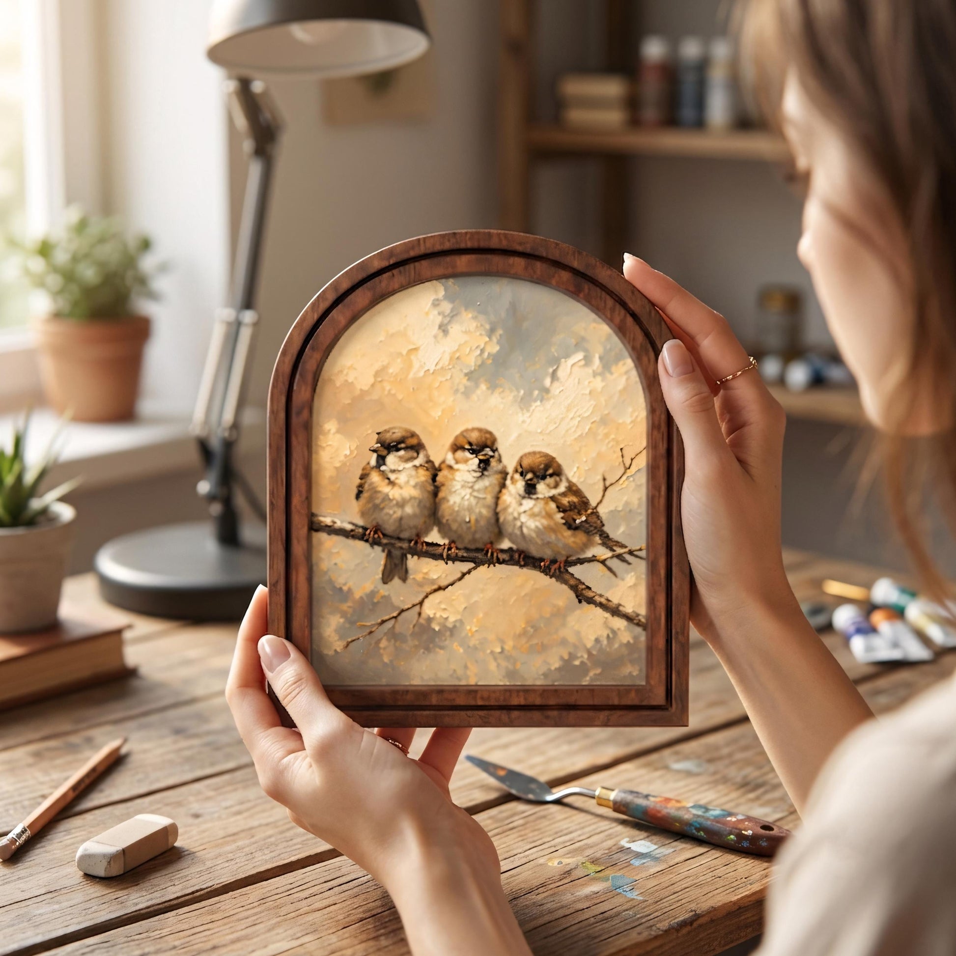 Charming Sparrow Family Wall Art, Adorable Bird Trio Painting in Arched Wood Frame, Rustic Cottage Decor, Nature Lover Gift - Image 4