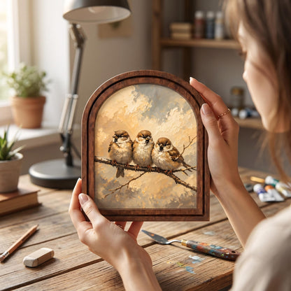 Charming Sparrow Family Wall Art, Adorable Bird Trio Painting in Arched Wood Frame, Rustic Cottage Decor, Nature Lover Gift - Image 4