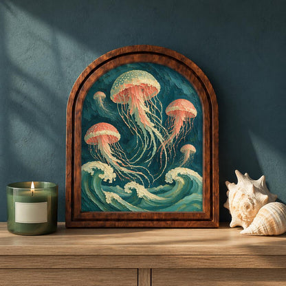 Serene Ocean Waves & Jellyfish Wall Art, Marine Life Painting in Arched Wood Frame, Coastal Beach House Decor, Sea Life Enthusiast Gift - Image 3