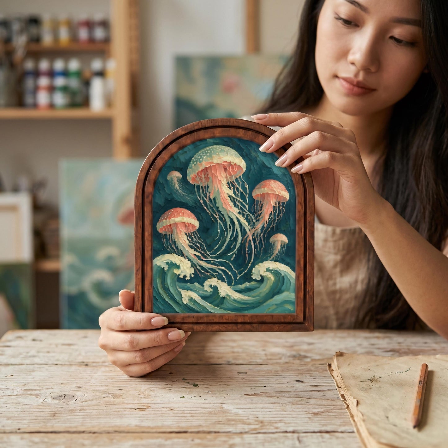 Serene Ocean Waves & Jellyfish Wall Art, Marine Life Painting in Arched Wood Frame, Coastal Beach House Decor, Sea Life Enthusiast Gift - Image 4