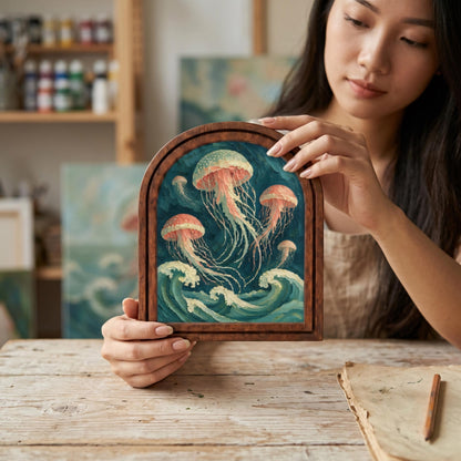 Serene Ocean Waves & Jellyfish Wall Art, Marine Life Painting in Arched Wood Frame, Coastal Beach House Decor, Sea Life Enthusiast Gift - Image 4
