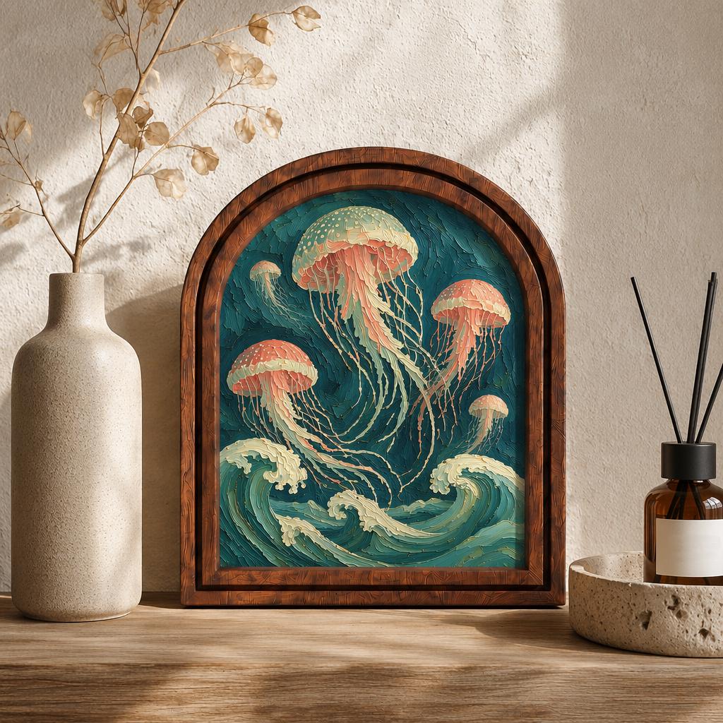 Serene Ocean Waves & Jellyfish Wall Art, Marine Life Painting in Arched Wood Frame, Coastal Beach House Decor, Sea Life Enthusiast Gift - Image 2