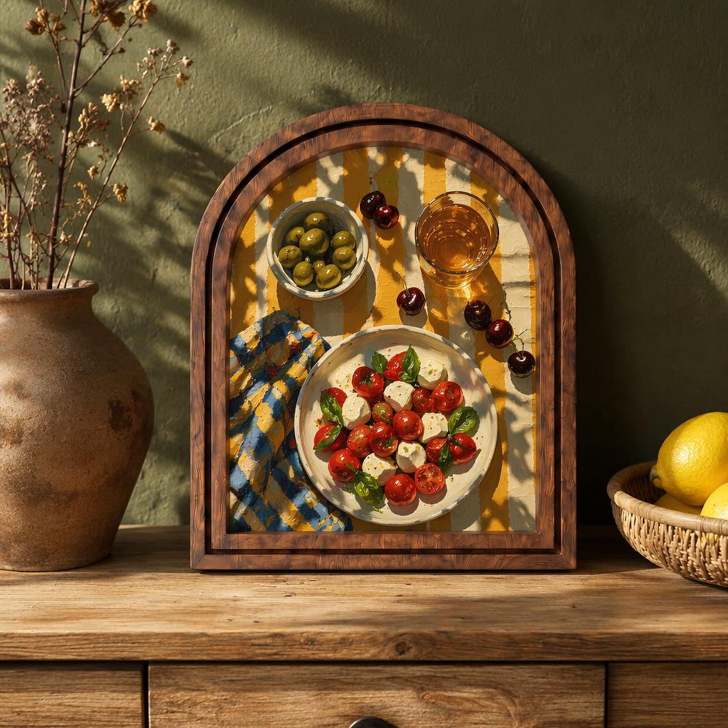 Rustic Italian Table Wall Art, Fresh Caprese Salad and Olive Still Life in Arched Wood Frame, Tuscan Farmhouse Kitchen Decor, Chef Gift - Image 4