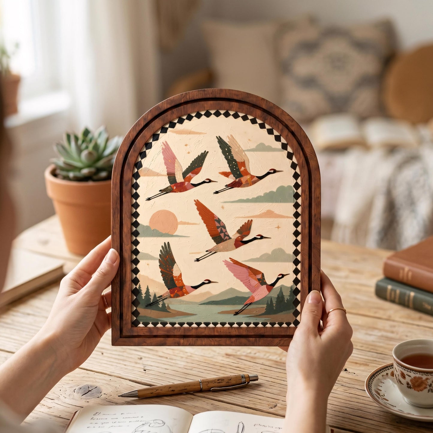 Rustic Flying Crane Wall Art, Folk Art Wildlife Landscape Wood Frame, Arched Picture Frame, Nature Enthusiast Gift, Cabin Decor - Image 4