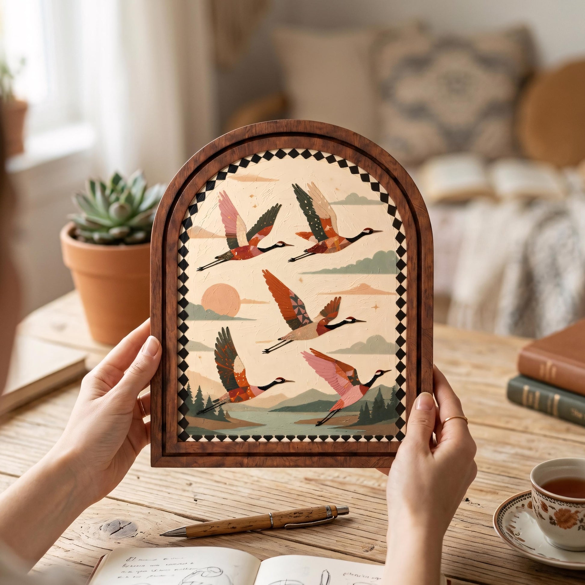 Rustic Flying Crane Wall Art, Folk Art Wildlife Landscape Wood Frame, Arched Picture Frame, Nature Enthusiast Gift, Cabin Decor - Image 4