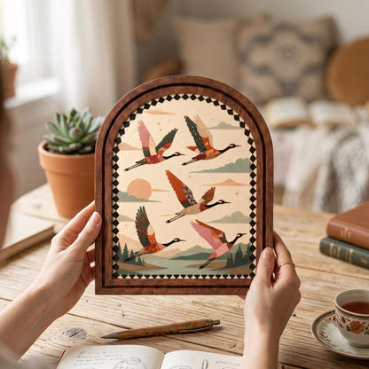 Rustic Flying Crane Wall Art, Folk Art Wildlife Landscape Wood Frame, Arched Picture Frame, Nature Enthusiast Gift, Cabin Decor - Image 4
