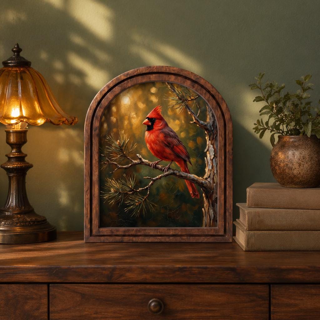 Red Cardinal Wall Art, Woodland Bird Painting, Arched Wood Frame Picture, Rustic Cabin Decor, Nature Lover Gift, Memorial Bird Keepsake - Image 3