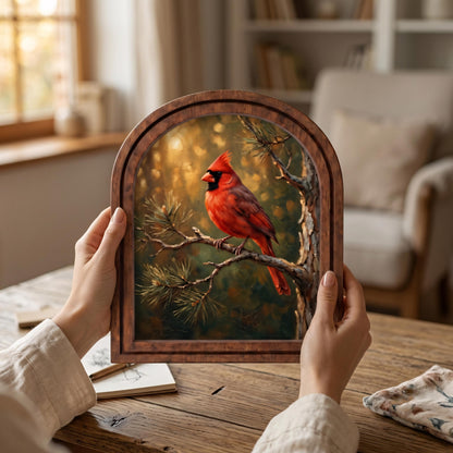Red Cardinal Wall Art, Woodland Bird Painting, Arched Wood Frame Picture, Rustic Cabin Decor, Nature Lover Gift, Memorial Bird Keepsake - Image 4