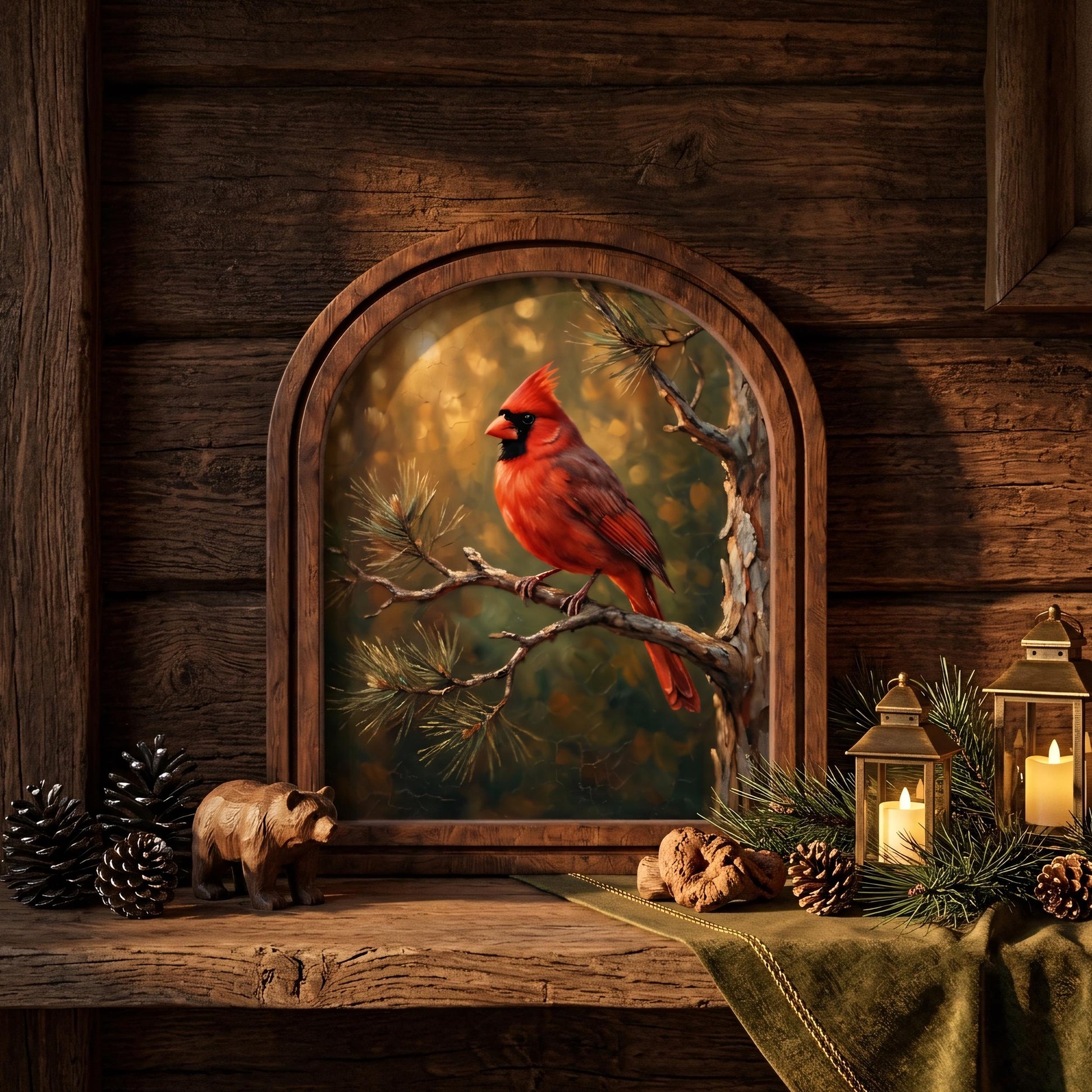 Red Cardinal Wall Art, Woodland Bird Painting, Arched Wood Frame Picture, Rustic Cabin Decor, Nature Lover Gift, Memorial Bird Keepsake - Image 9