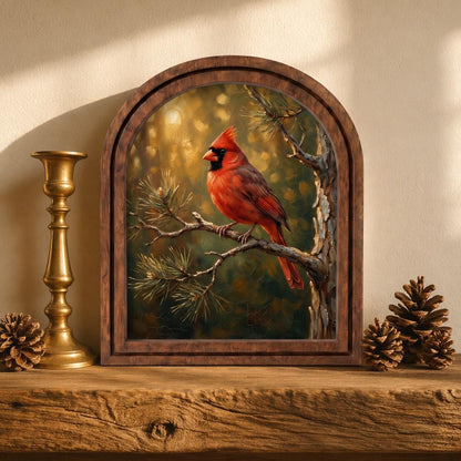 Red Cardinal Wall Art, Woodland Bird Painting, Arched Wood Frame Picture, Rustic Cabin Decor, Nature Lover Gift, Memorial Bird Keepsake - Image 2