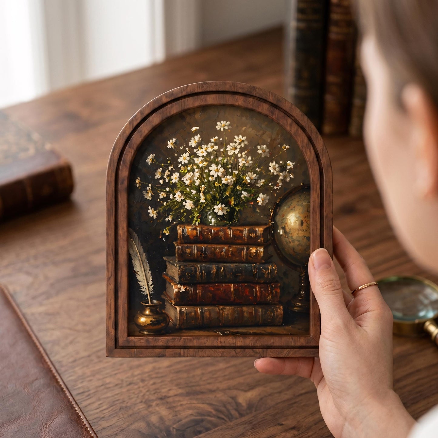 Vintage Book Stack Wall Art, Antique Library Decor, Arched Wood Frame Picture, Literary Cottagecore Artwork, Book Lover Gift, Home Decor - Image 6