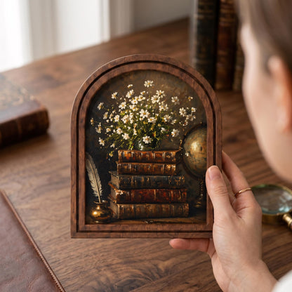 Vintage Book Stack Wall Art, Antique Library Decor, Arched Wood Frame Picture, Literary Cottagecore Artwork, Book Lover Gift, Home Decor - Image 6