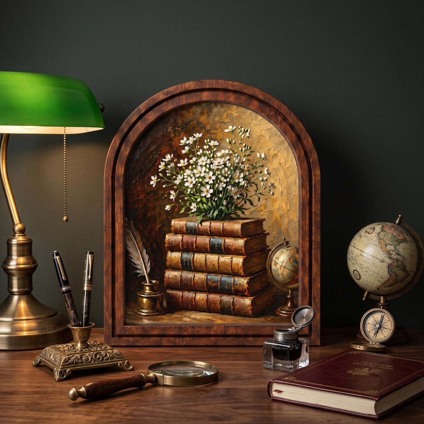 Vintage Book Stack Wall Art, Antique Library Decor, Arched Wood Frame Picture, Literary Cottagecore Artwork, Book Lover Gift, Home Decor - Image 5