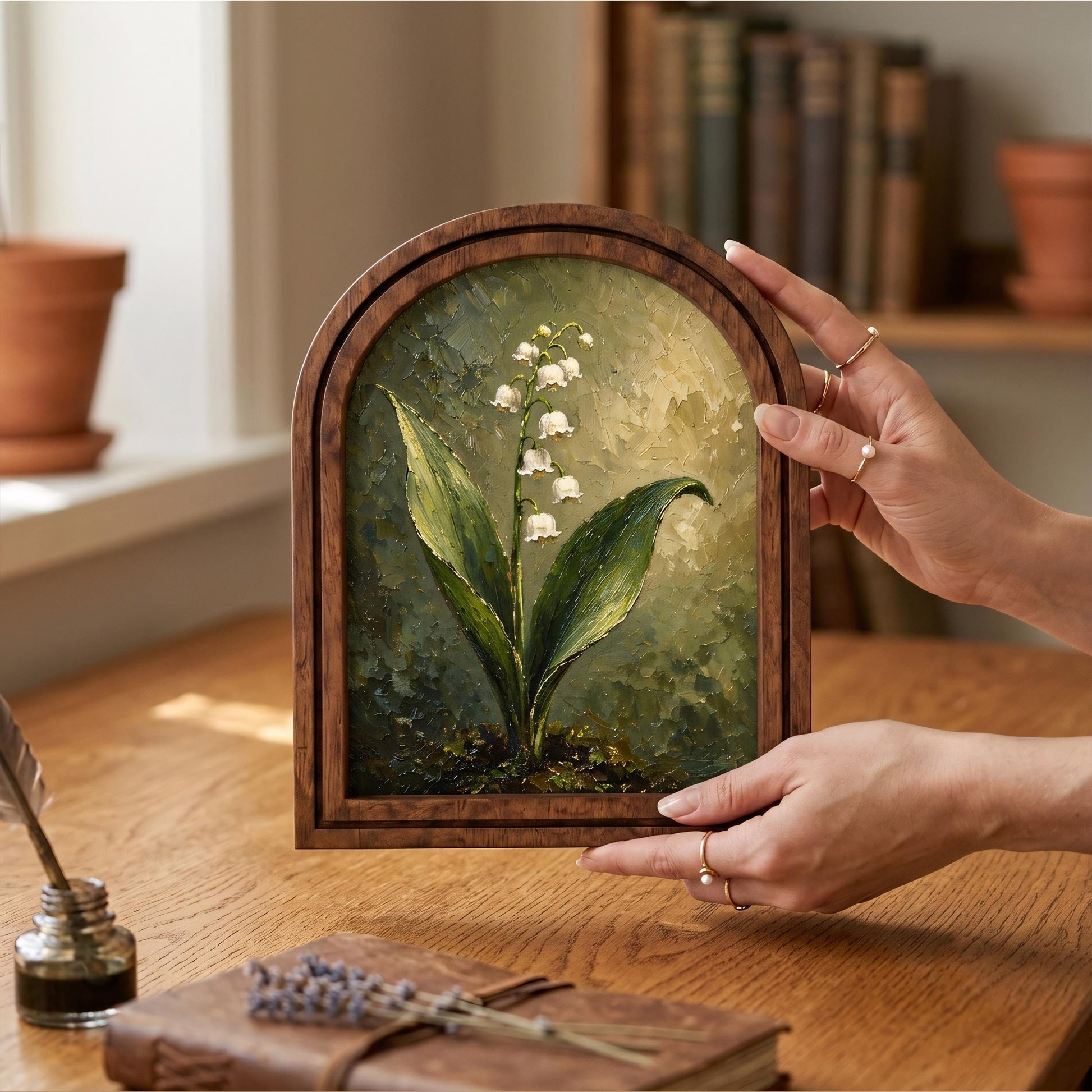 Botanical Lily of the Valley Wall Art, Wooden Arched Picture Frame, Antique Floral Cottagecore Decor, Garden Lover Gift, Housewarming Gift - Image 6