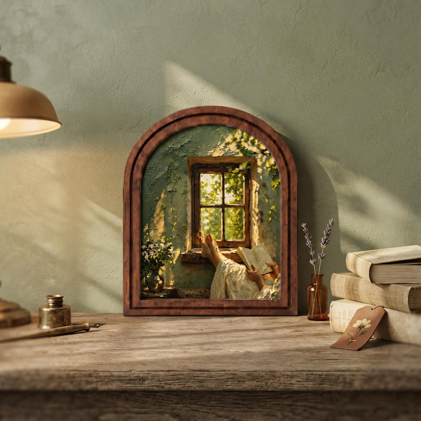 Cozy Window Reading Nook Wall Art, Sunlit Rustic Book Lover Painting in Arched Wood Frame, Cottagecore Literary Decor, Reader Gift - Image 4