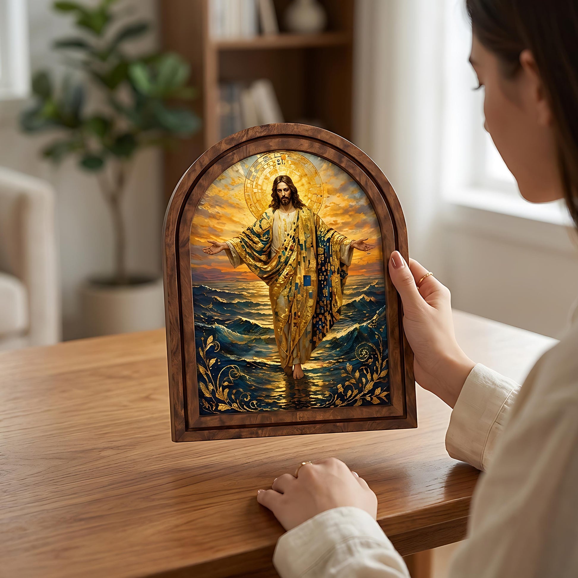 Sacred Jesus Walking on Water Wall Art, Golden Christian Ocean Painting Wood Frame, Arched Picture Frame, Faith Gift, Christian Home Decor - Image 4