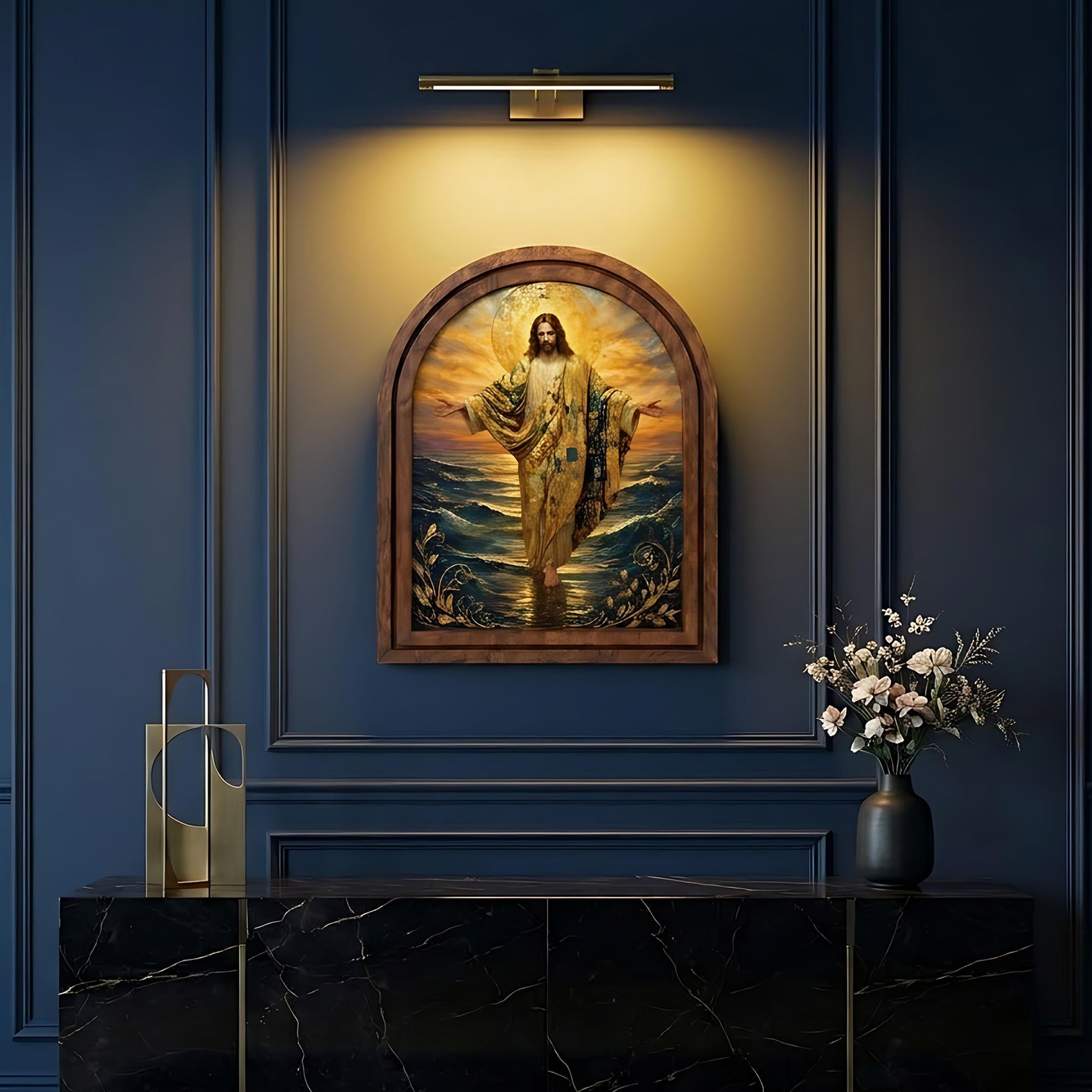 Sacred Jesus Walking on Water Wall Art, Golden Christian Ocean Painting Wood Frame, Arched Picture Frame, Faith Gift, Christian Home Decor - Image 5