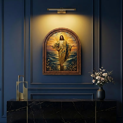 Sacred Jesus Walking on Water Wall Art, Golden Christian Ocean Painting Wood Frame, Arched Picture Frame, Faith Gift, Christian Home Decor - Image 5