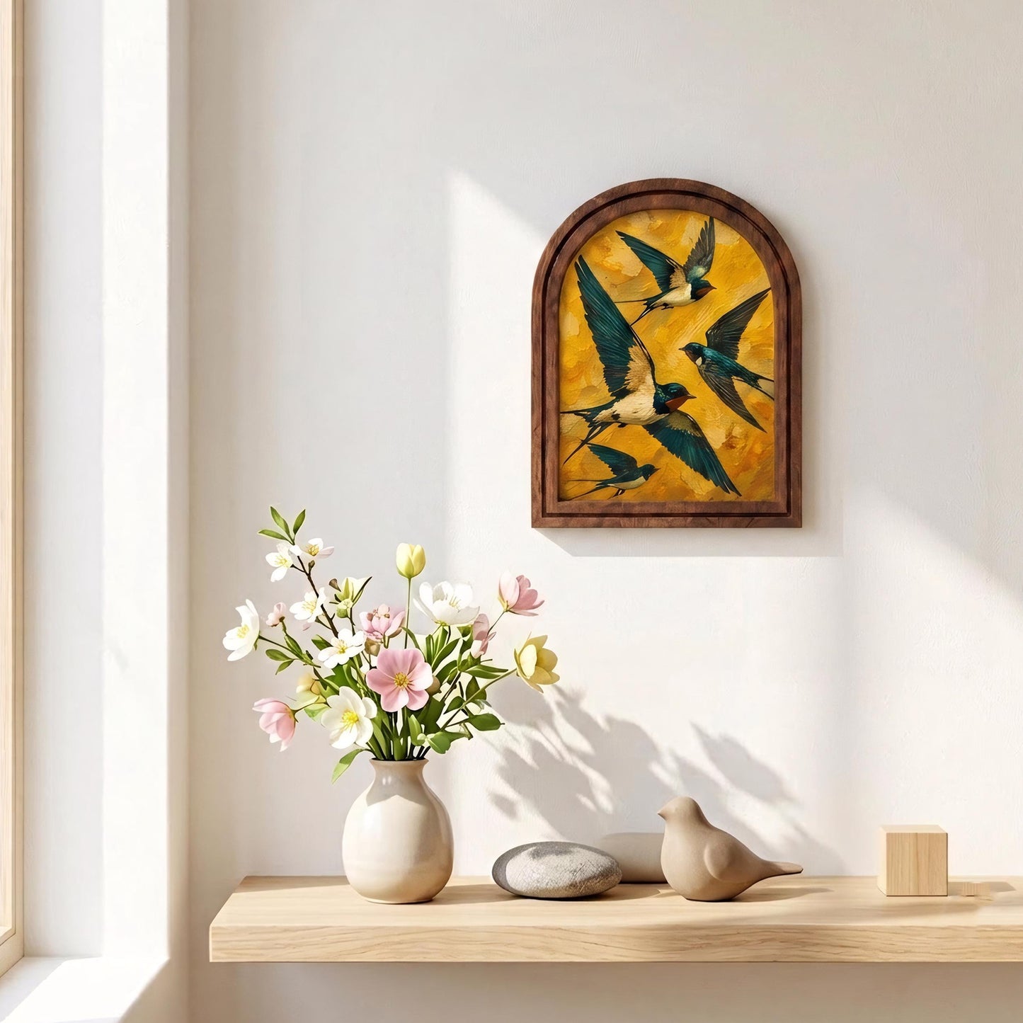 Swallow Bird Wall Art, Flying Barn Swallows Painting Wood Frame, Arched Picture Frame, Bird Lover Gift, Housewarming Decor - Image 8
