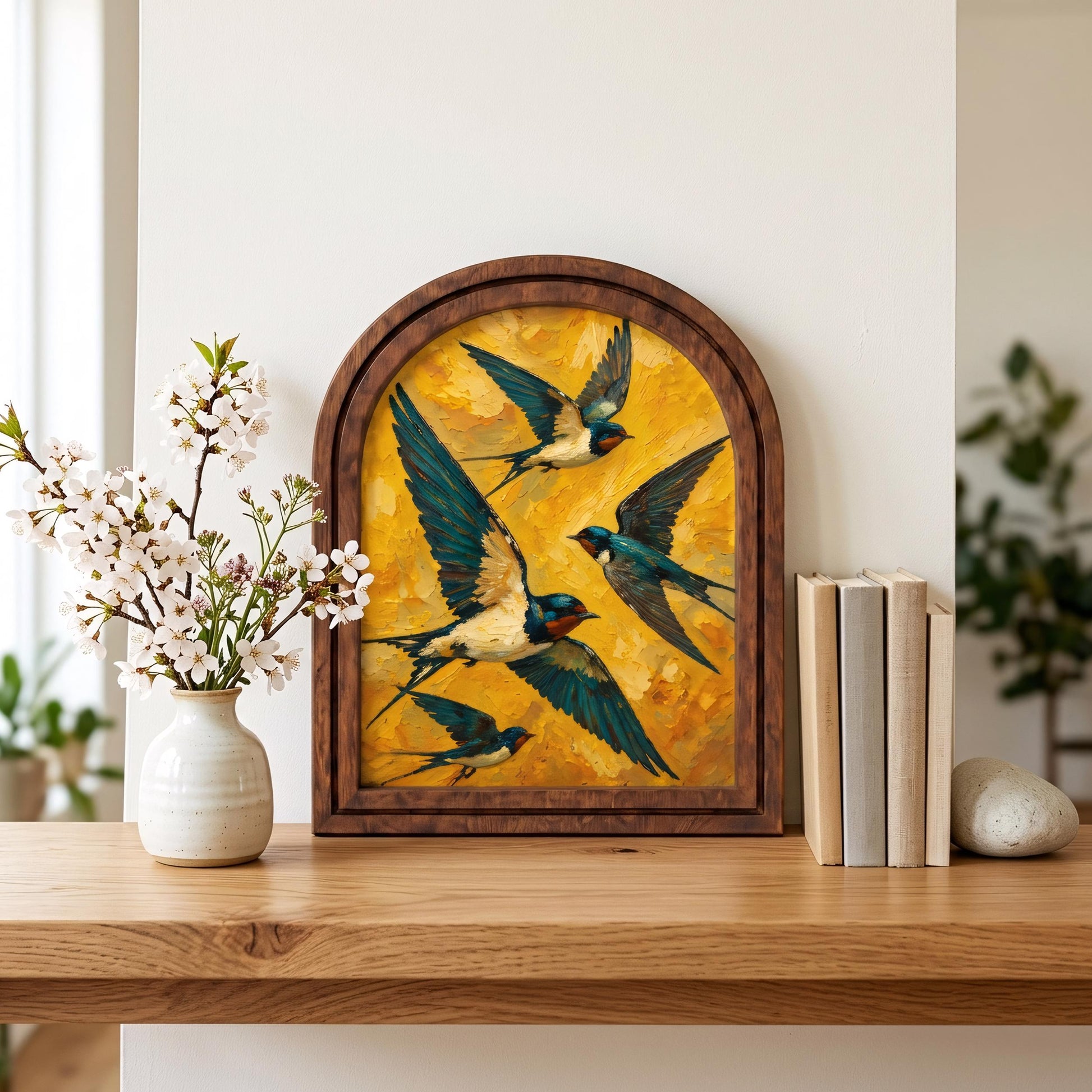 Swallow Bird Wall Art, Flying Barn Swallows Painting Wood Frame, Arched Picture Frame, Bird Lover Gift, Housewarming Decor - Image 5