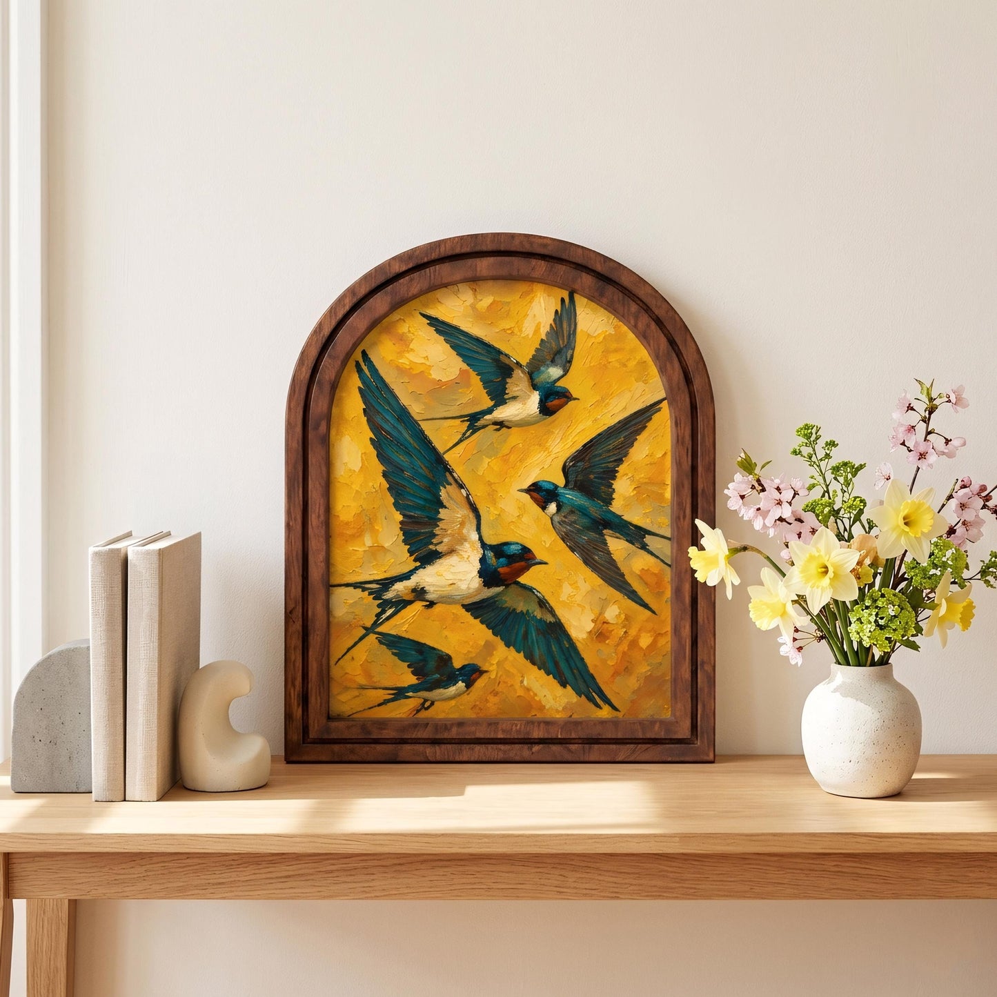Swallow Bird Wall Art, Flying Barn Swallows Painting Wood Frame, Arched Picture Frame, Bird Lover Gift, Housewarming Decor - Image 1