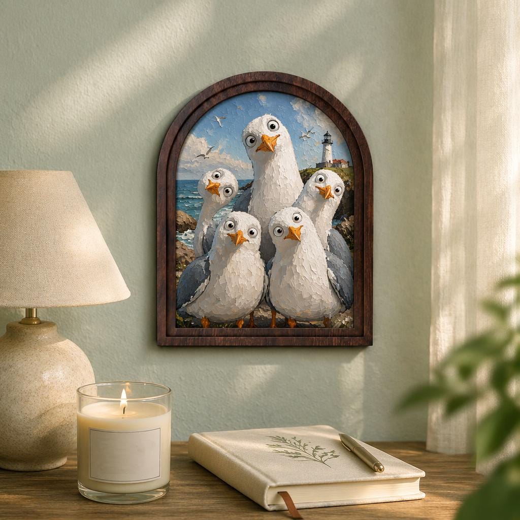 Funny Seagull Wall Art, Cute Coastal Bird Portrait Arched Wood Frame, Lighthouse Seaside Painting, Beach House Decor, Coastal Cottage Accent - Image 4