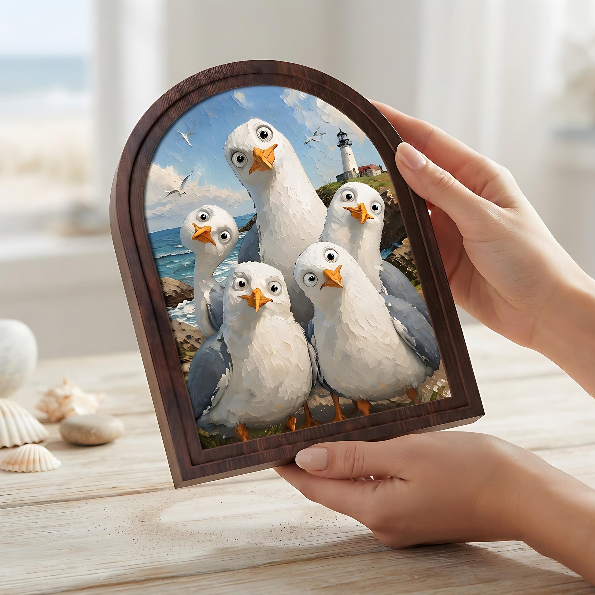 Funny Seagull Wall Art, Cute Coastal Bird Portrait Arched Wood Frame, Lighthouse Seaside Painting, Beach House Decor, Coastal Cottage Accent - Image 5