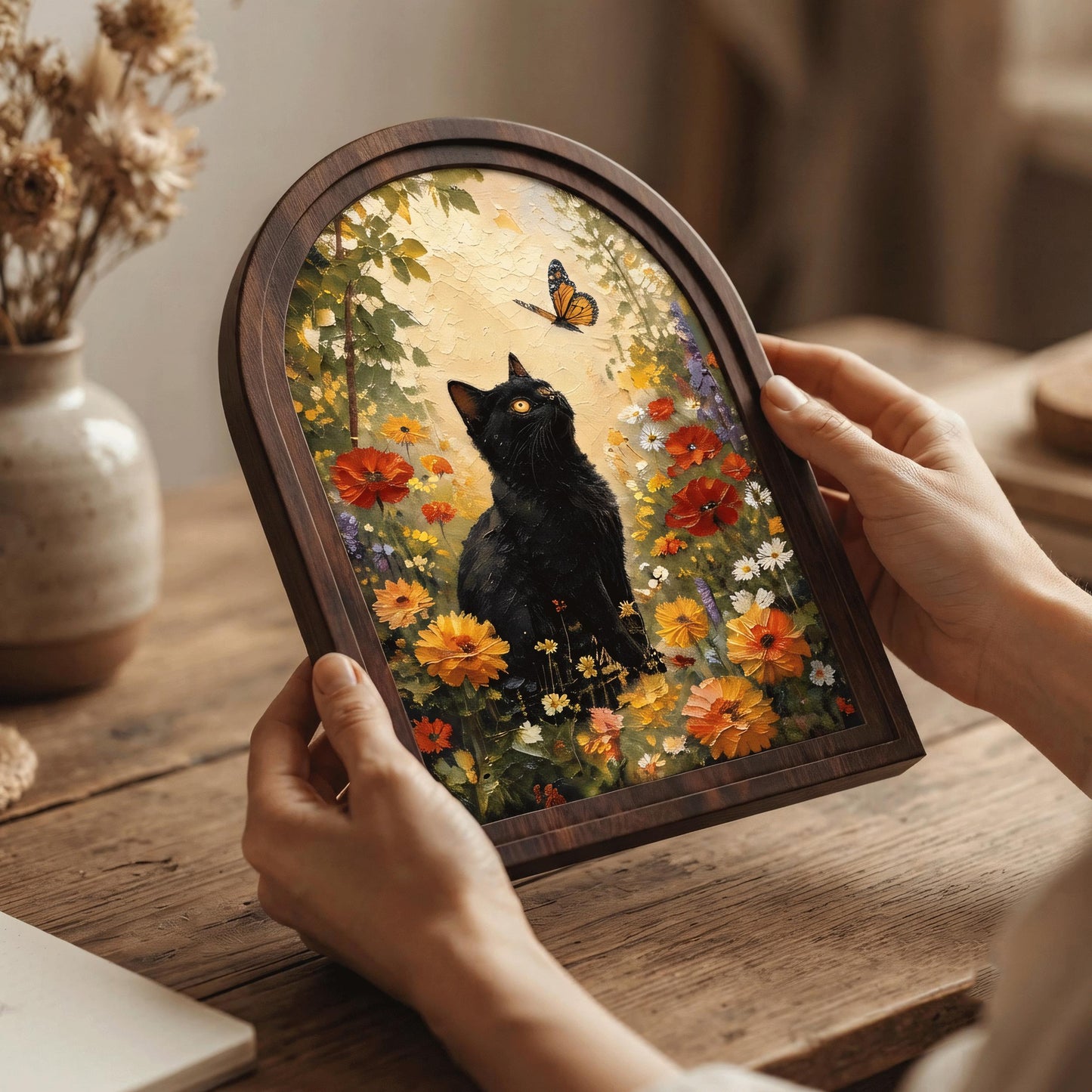 Black Cat Wildflower Wall Art in Arched Wood Frame, Monarch Butterfly Garden Painting, Cottagecore Botanical Decor, Nature Lover Gift - Image 4